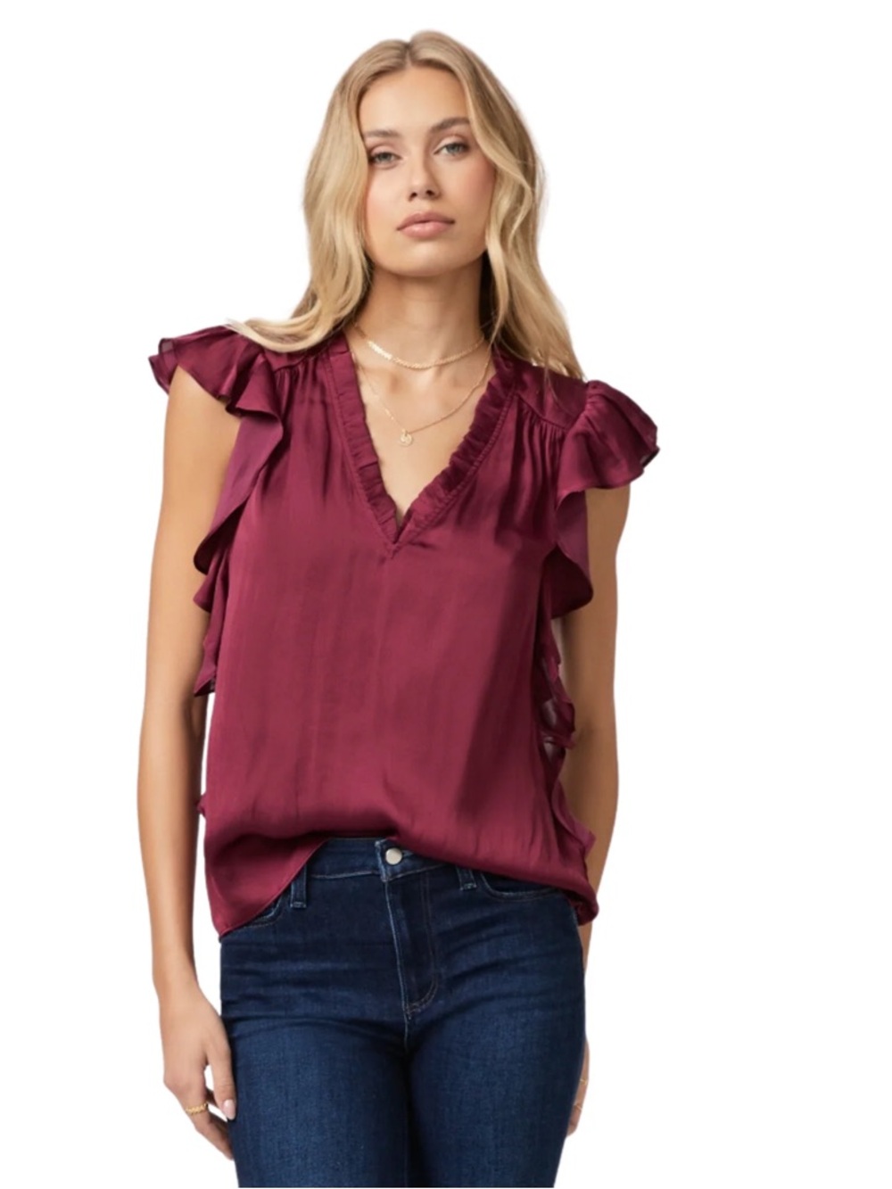 Paige Burgundy Wine Satin Ruffle Blouse Medium